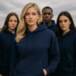 Grup de persoane purtand hanorace navy personalizate, imagine de echipa cu look coerent si profesional