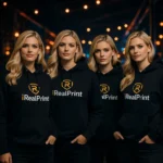 Grup de femei purtand hanorace negre personalizate, identitate vizuala unitara si stil modern elegant