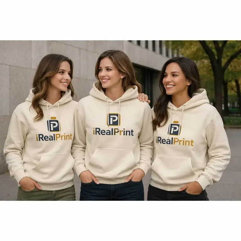 Grup de femei purtând hanorace crem nisip personalizate, exprimând unitate, stil minimalist și branding elegant