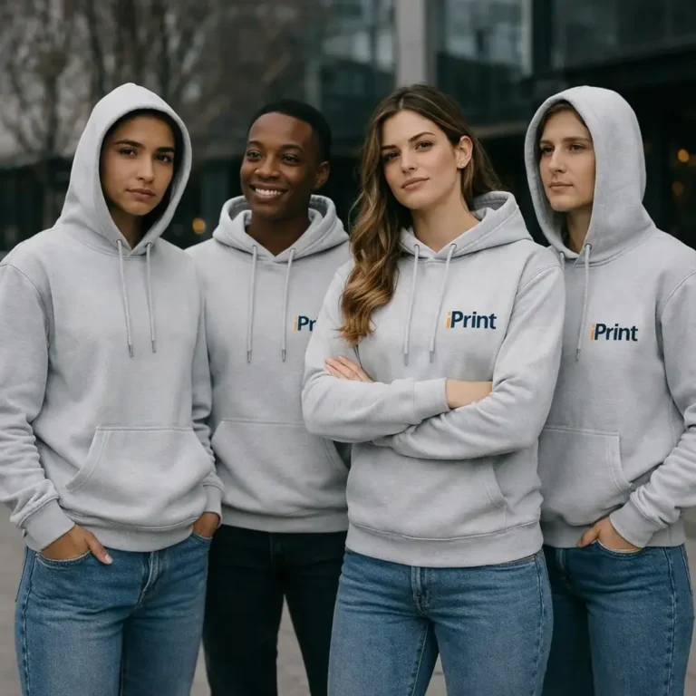 Grup de persoane purtând hanorace gri ash personalizate, exprimând unitate și branding clar