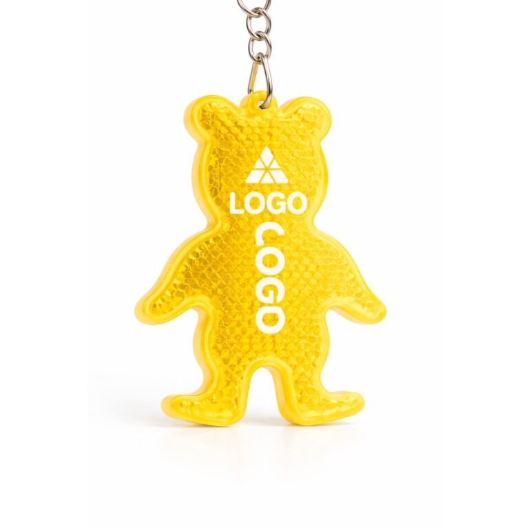 breloc reflectorizant ursuleț galben personalizat cu logo imprimat, accesoriu de prevenție pentru copii și pietoni