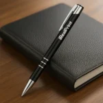 Pix metalic aluminiu personalizat Hello negru așezat pe notebook pe birou, pix promoțional metalic elegant pentru branding corporate și utilizare în mediul business