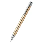 Pix metalic aluminiu Hello auriu văzut din lateral pe fundal neutru, pix promoțional metalic premium personalizabil cu logo pentru cadouri corporate și evenimente business