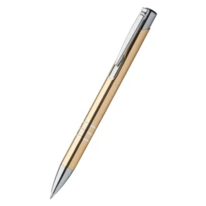 Pix metalic aluminiu Hello auriu văzut din lateral pe fundal neutru, pix promoțional metalic premium personalizabil cu logo pentru cadouri corporate și evenimente business