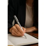 Pix metalic aluminiu personalizat Hello argintiu utilizat pentru scrierea notițelor într-un context de birou, pix promoțional metalic cu logo pentru branding profesional și utilizare zilnică