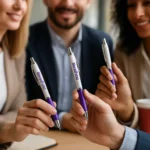 Grup de profesioniști ținând pixuri promoționale Elipse White mov în context business, produse personalizate ideale pentru conferințe și evenimente corporate