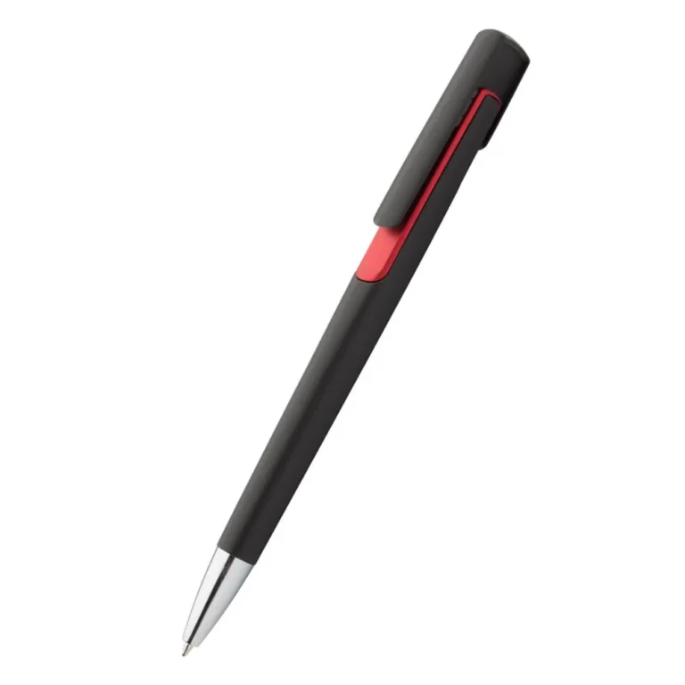 Pix plastic personalizat Nuba Black roșu prezentat pe fundal alb, pix promoțional modern pentru firme și personalizare profesională cu logo