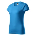 Tricou damă personalizat albastru fotografiat din perspectivă laterală pentru evidențierea croielii feminine și a formei produsului