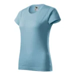Tricou damă personalizat albastru deschis fotografiat din perspectivă laterală pentru evidențierea croielii feminine și a formei produsului