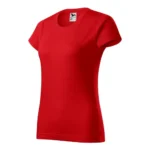 Tricou damă personalizat roșu prezentat din perspectivă trei sferturi pentru evidențierea croielii feminine și a materialului din bumbac