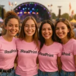 Grup de femei purtând tricouri damă personalizate roz într-un cadru de festival în aer liber, exemplu de utilizare pentru evenimente și echipe