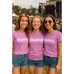 Grup de femei purtând tricouri damă personalizate roz orhidee într-un cadru de festival, exemplu de utilizare pentru evenimente și echipe