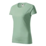 Tricou damă personalizat sage prezentat frontal pe fundal neutru, evidențiind forma produsului și suprafața pentru personalizare