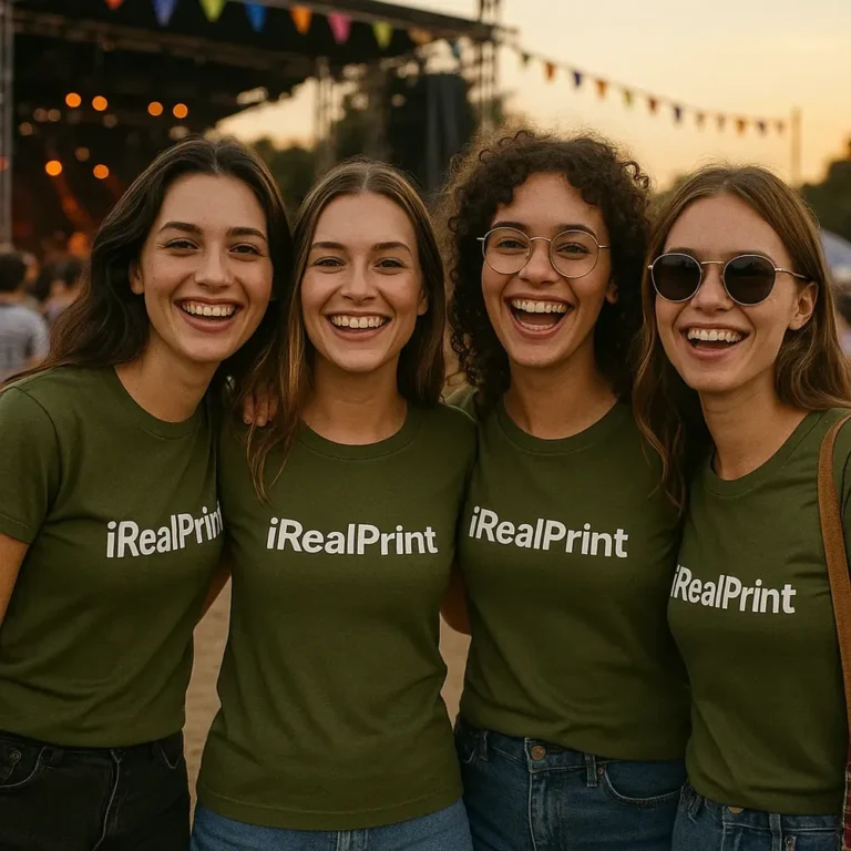 Grup de prietene purtând tricouri damă personalizate militar cu logo iRealPrint la un eveniment în aer liber, exemplu de utilizare lifestyle