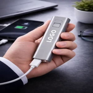 Baterie externă personalizată argintie utilizată pentru încărcarea smartphone-ului, power bank promoțional cu design profesional și utilitate zilnică