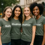 Grup de prietene purtând tricouri damă personalizate gri ardezie cu logo iRealPrint într-un context urban casual, exemplu de utilizare lifestyle
