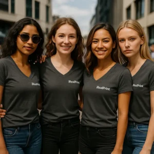 Grup de femei purtând tricouri damă ebony gray cu anchior în V personalizate, stil urban modern și atmosferă casual prietenoasă