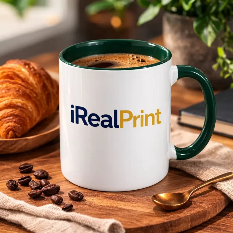 Cană personalizată cu interior verde brad și logo iRealPrint într-un decor lifestyle cu boabe de cafea și accesorii elegante, sugerând un moment relaxant de cafea