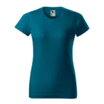 Tricou damă personalizat albastru petrol prezentat frontal pe fundal neutru, croială feminină elegantă și material bumbac pregătit pentru imprimare