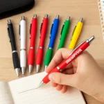 Pix plastic personalizat Elipse roșu utilizat pentru scrierea notițelor într-un notebook, pix promoțional modern cu logo pentru branding și utilizare zilnică