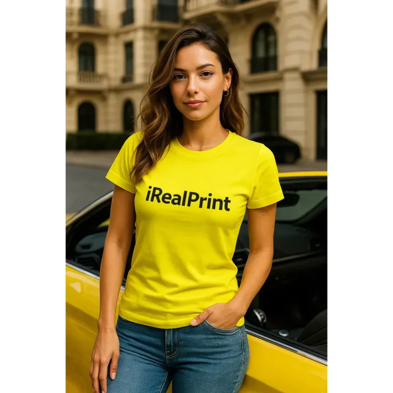 Grup de femei purtând tricouri damă personalizate galben lămâie într-un context outdoor, exemplu de utilizare pentru echipe sau branding vizibil