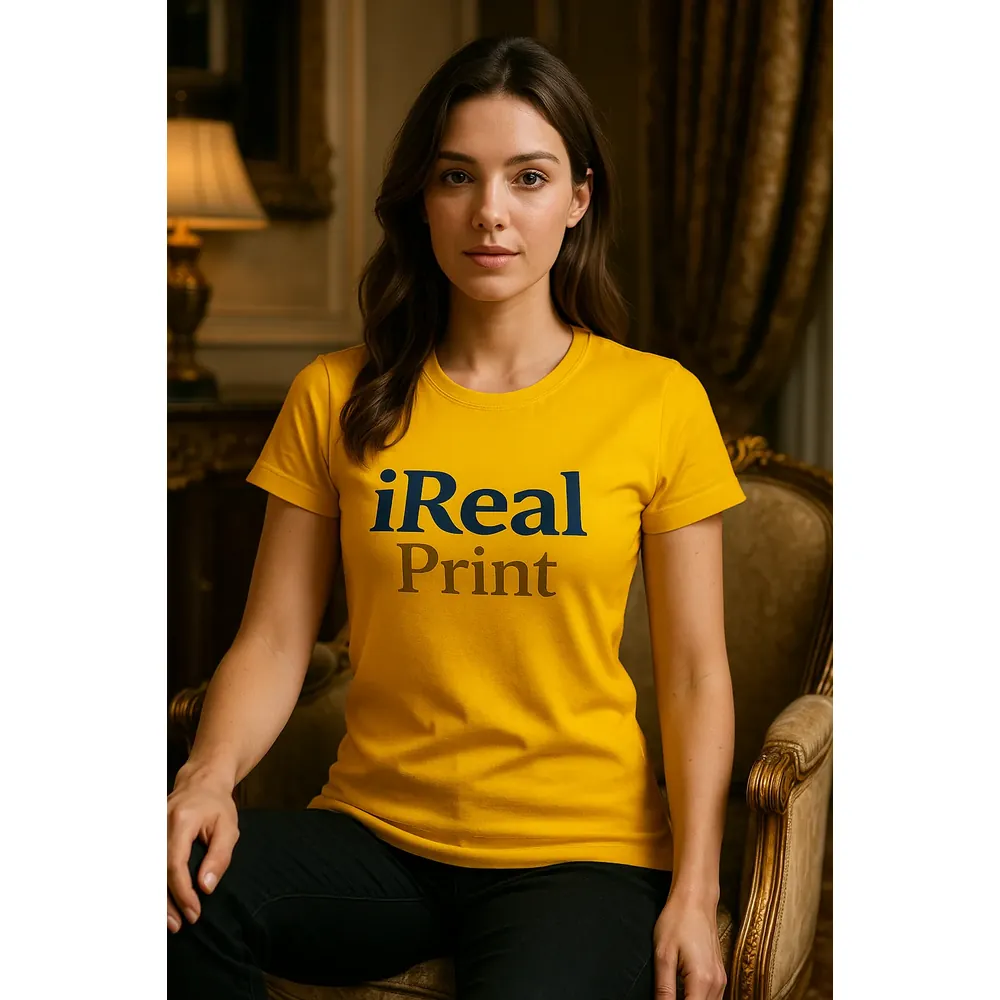 tricou-dama-personalizat-galben-lifestyle-elegant-interior Model feminin purtând tricou damă personalizat galben într-un interior elegant, exemplu de outfit casual premium cu personalizare vizibilă