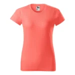 Tricou damă personalizat coral prezentat frontal pe fundal neutru, croială feminină modernă și suprafață ideală pentru personalizare