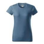 Tricou damă personalizat denim prezentat frontal pe fundal neutru, croială feminină modernă și suprafață ideală pentru personalizare