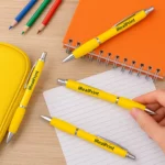 Set de pixuri promoționale galbene personalizate Elipse pe birou, obiecte publicitare utilizate în campanii și evenimente corporate