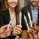 Pix plastic personalizat Elipse White alb utilizat într-o întâlnire de echipă pentru completarea documentelor, pix promoțional pentru conferințe și branding profesional
