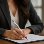 Pix plastic personalizat Elipse White roșu utilizat pentru semnarea unui document pe birou în mediul profesional, pix promoțional pentru branding business și utilizare corporate