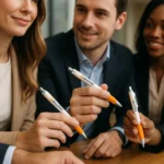 Grup de profesioniști folosind pixuri promoționale Elipse White portocalii în context business, obiecte promoționale ideale pentru branding și evenimente