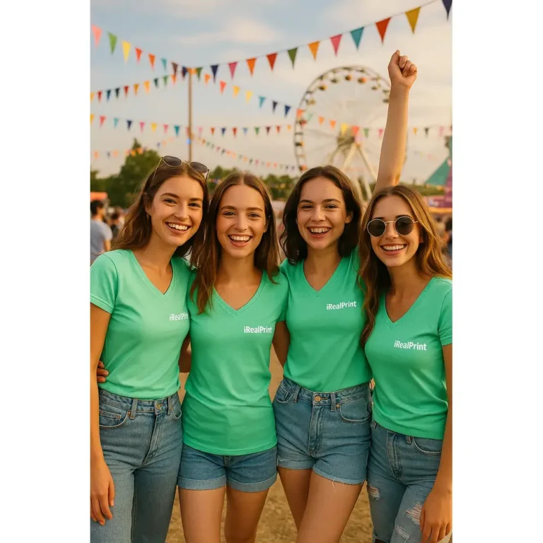 Grup de prietene purtând tricouri damă verde mentă personalizate cu anchior în V la eveniment festiv, look casual și atmosferă veselă
