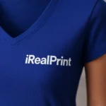 Detaliu personalizare logo pe tricou damă denim cu anchior în V, transfer termic alb aplicat clar pe material bumbac premium