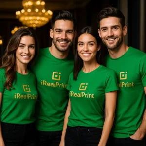Grup de persoane purtând tricouri unisex personalizate verde mediu cu logo iRealPrint, imagine de echipă pentru identitate vizuală și branding modern