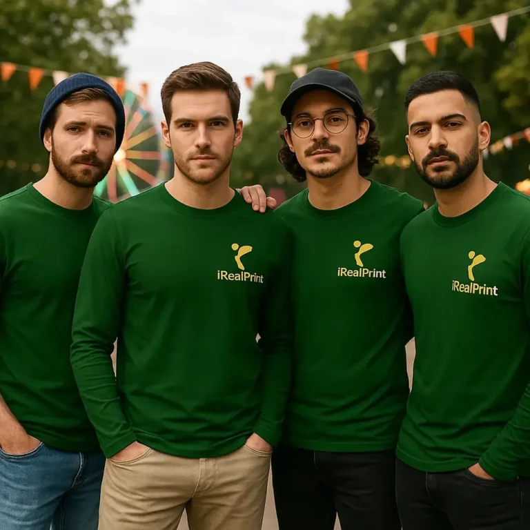 Bărbați purtând bluze personalizate verde sticlă în stil casual modern, evidențiind brandingul iRealPrint și look-ul streetwear premium