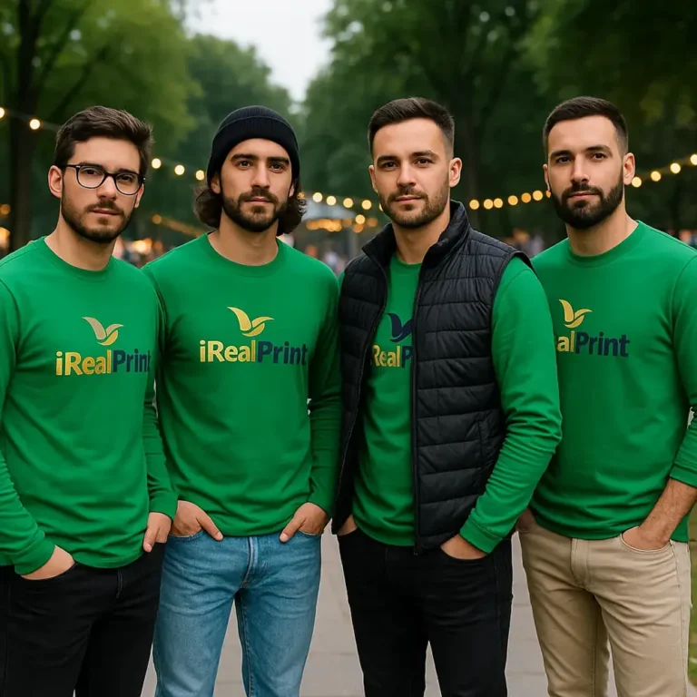 Grup de bărbați purtând bluze personalizate verde mediu cu logo iRealPrint, imagine de echipă pentru identitate vizuală și branding modern