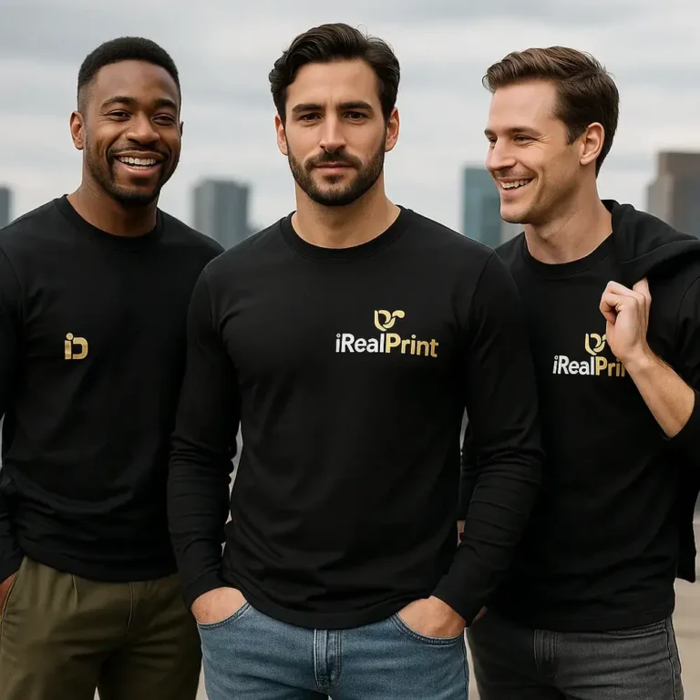 Grup de bărbați purtând bluze personalizate negre cu logo iRealPrint, imagine de echipă pentru identitate vizuală și branding modern