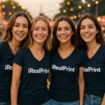 Grup de femei purtând tricouri damă navy personalizate cu anchior în V la festival urban, stil casual modern și energie pozitivă