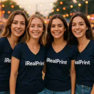 Grup de femei purtând tricouri damă navy personalizate cu anchior în V la festival urban, stil casual modern și energie pozitivă