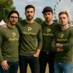 Echipă de bărbați purtând bluze personalizate kaki cu logo iRealPrint pentru identitate vizuală și branding profesional
