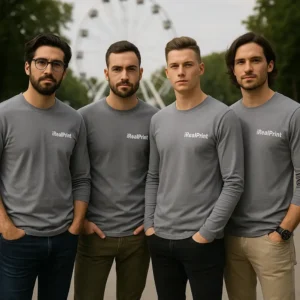 Grup de bărbați purtând bluze personalizate gri metalic în stil urban modern pentru imagine de brand și identitate vizuală