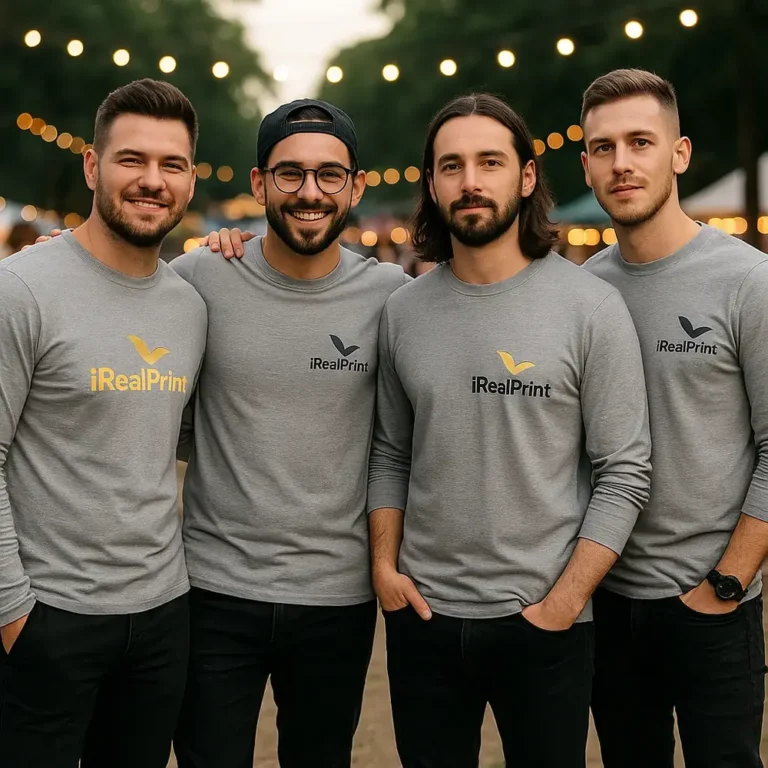 Grup de bărbați purtând bluze personalizate gri închis cu logo iRealPrint pentru identitate vizuală și branding profesional