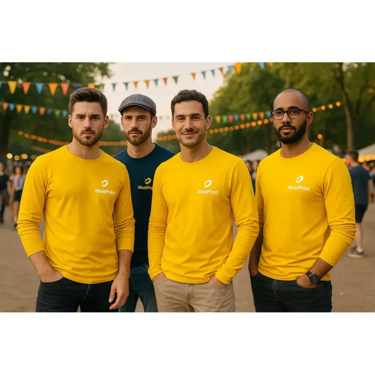 Echipă de bărbați purtând bluze personalizate galben pentru vizibilitate puternică și branding modern în contexte sociale și evenimente