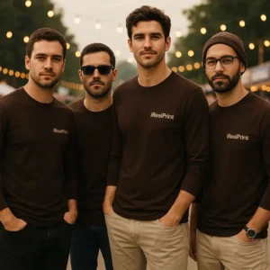 Grup de bărbați purtând bluze personalizate culoare cafea pentru identitate vizuală de brand și imagine profesională iRealPrint