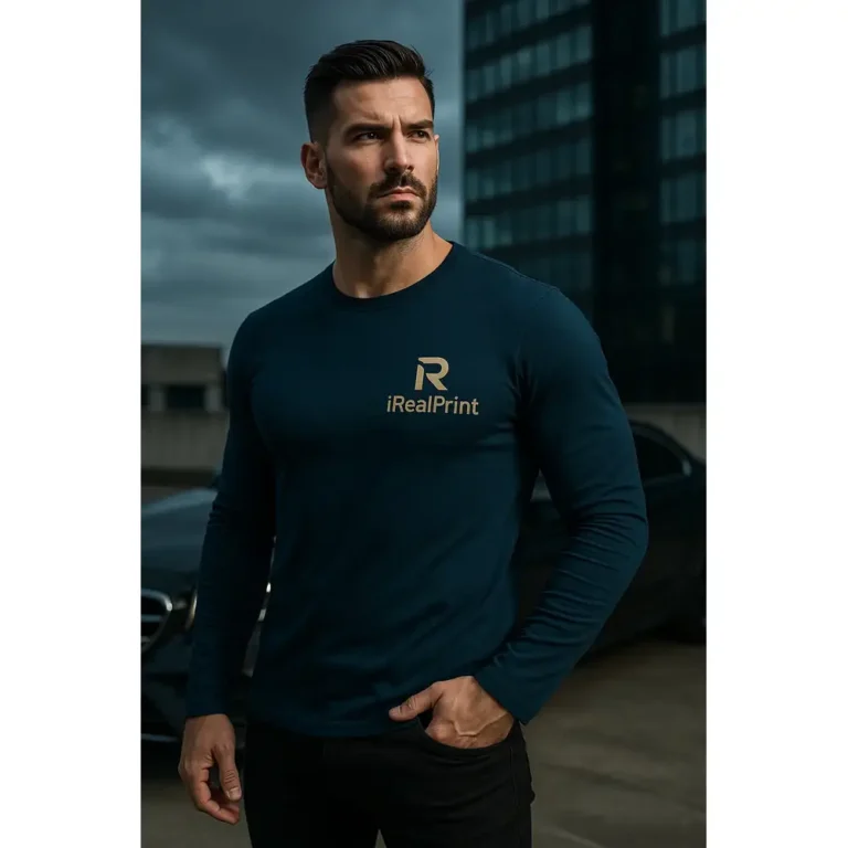 Detaliu bluză bărbați personalizată albastru navy cu logo iRealPrint aplicat prin transfer termic profesional pentru branding vizibil