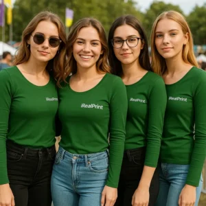 Grup de femei purtând bluze personalizate verde sticlă cu logo iRealPrint, look urban modern și imagine de echipă cu identitate vizuală coerentă