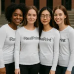 Grup de femei purtând bluze albe personalizate cu logo iRealPrint, imagine de echipă modernă și branding vestimentar elegant