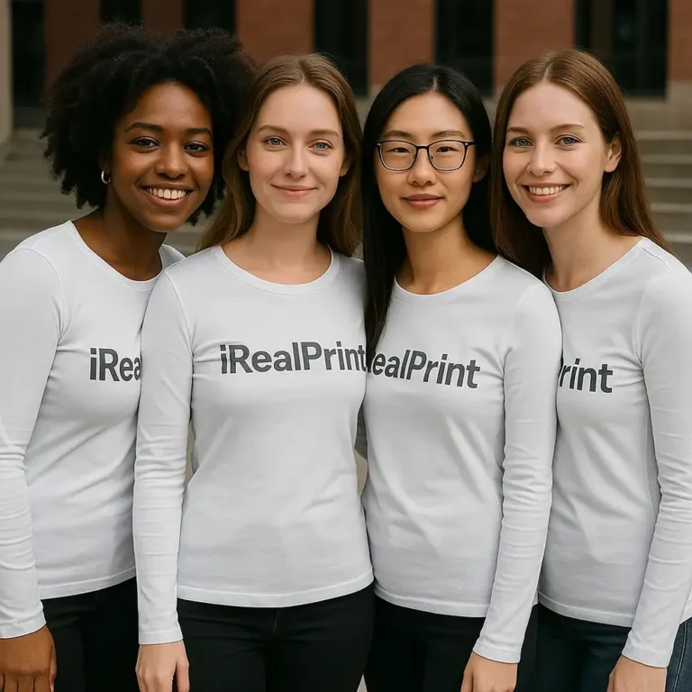 Grup de femei purtând bluze albe personalizate cu logo iRealPrint, imagine de echipă modernă și branding vestimentar elegant