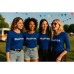Grup de femei purtând bluze personalizate albastru regal iRealPrint la eveniment în aer liber, stil modern și imagine de echipă